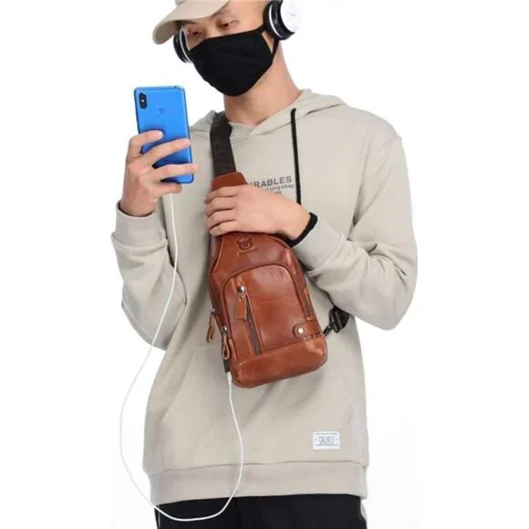 Genuine Leather Sling Bag with USB Charging Port Multi-pocket Chest Bag
